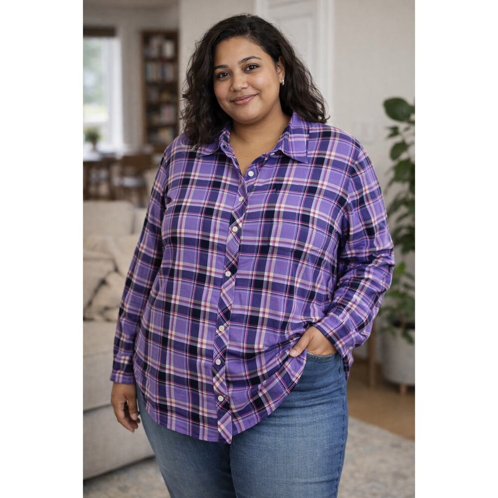 Talbots Plus Purple Plaid‎ Long Sleeve Flannel Button Down Shirt Women's 2X